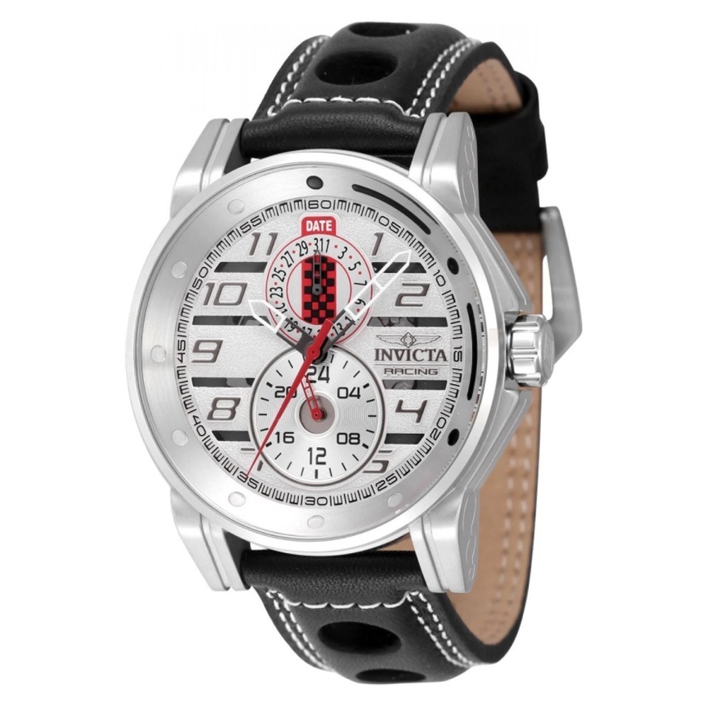 Invicta Silver Dial Black Leather Strap Racing Watch with Red Accents
